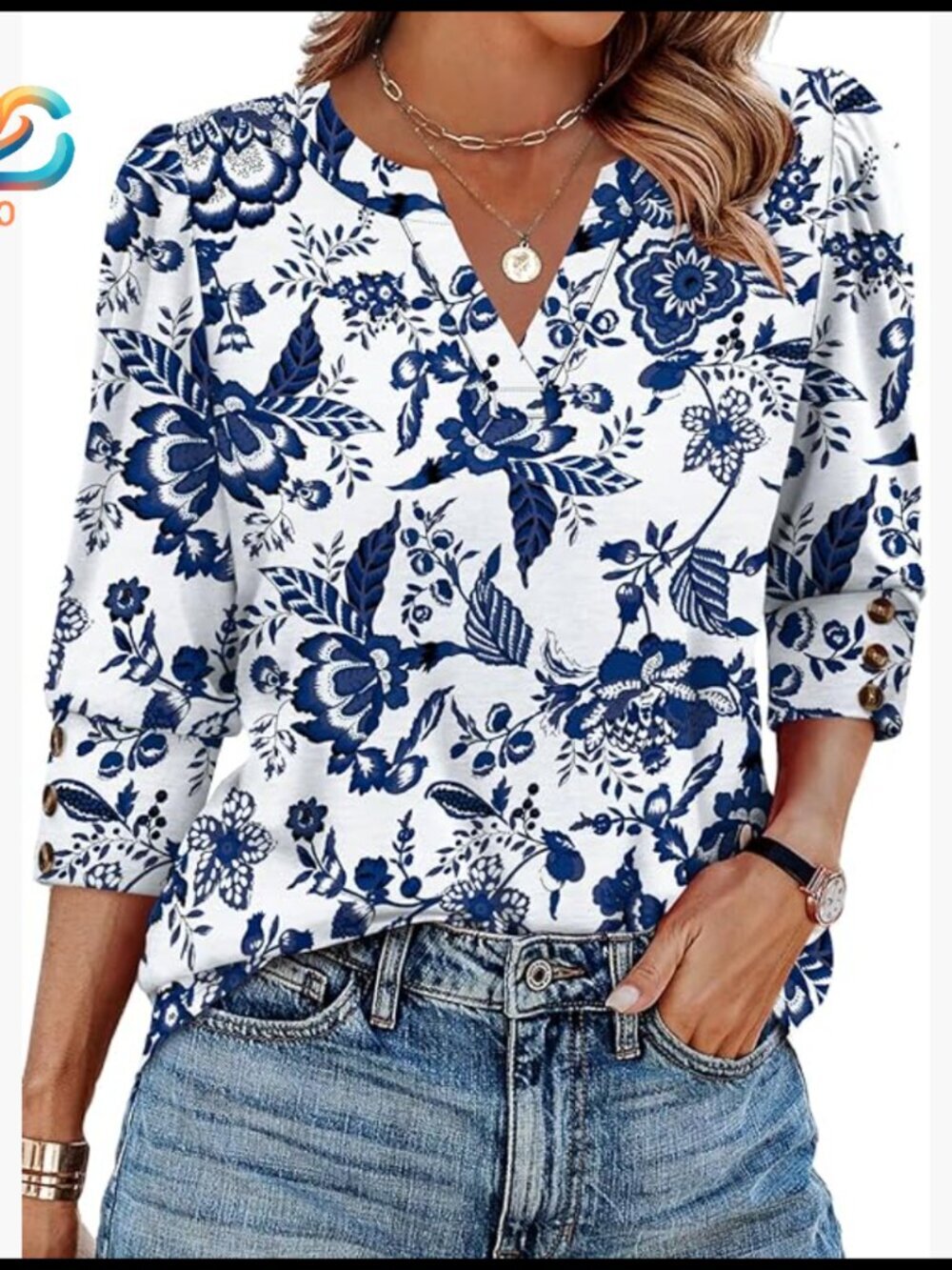 3/4 Sleeve V-Neck Blouse, Relaxed Fit, Polyester Spandex, Dressy Casual Top